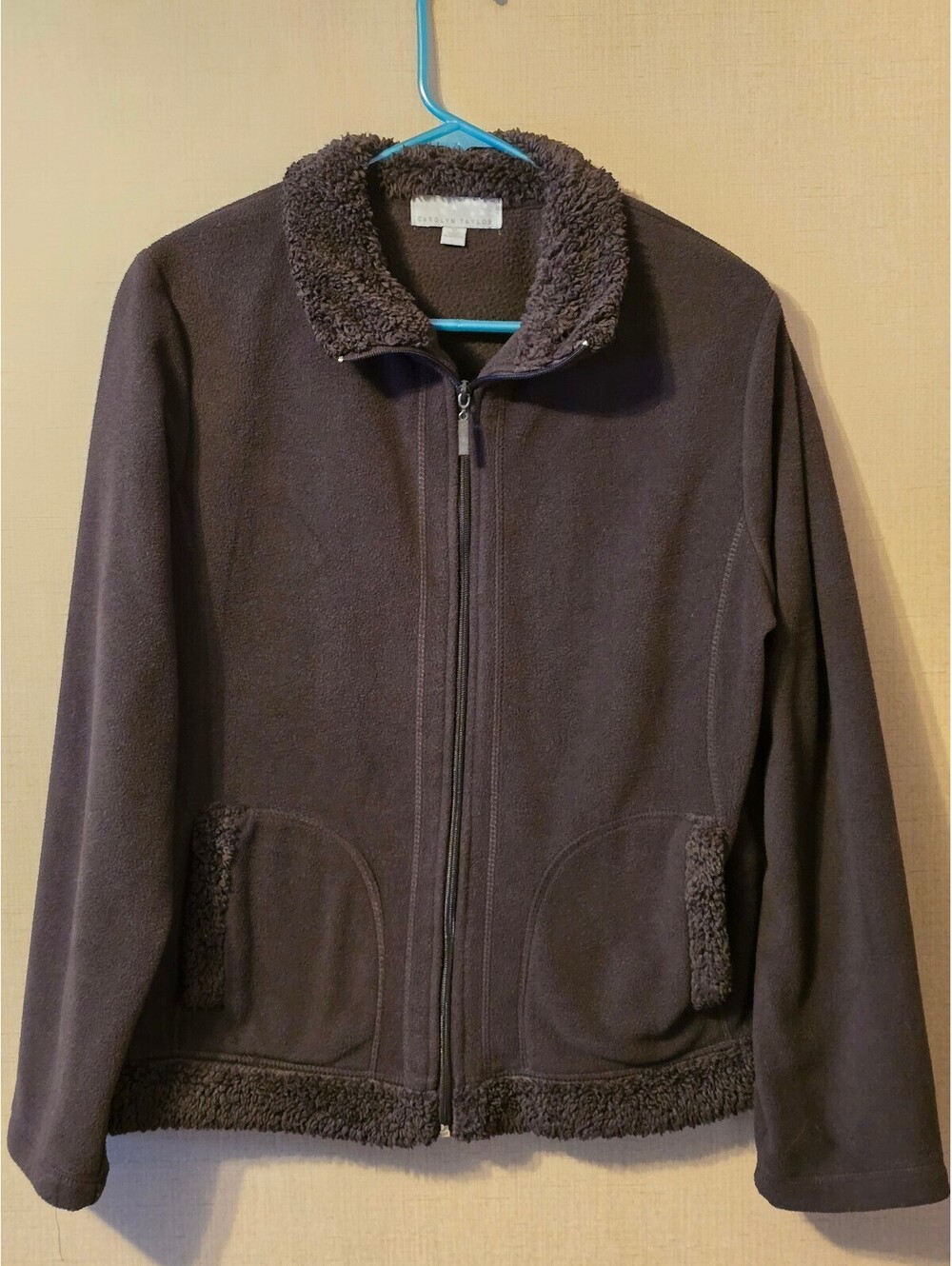 Carolyn Taylor Brown Fleece Full Zip Jacket Sherpa Trim Medium